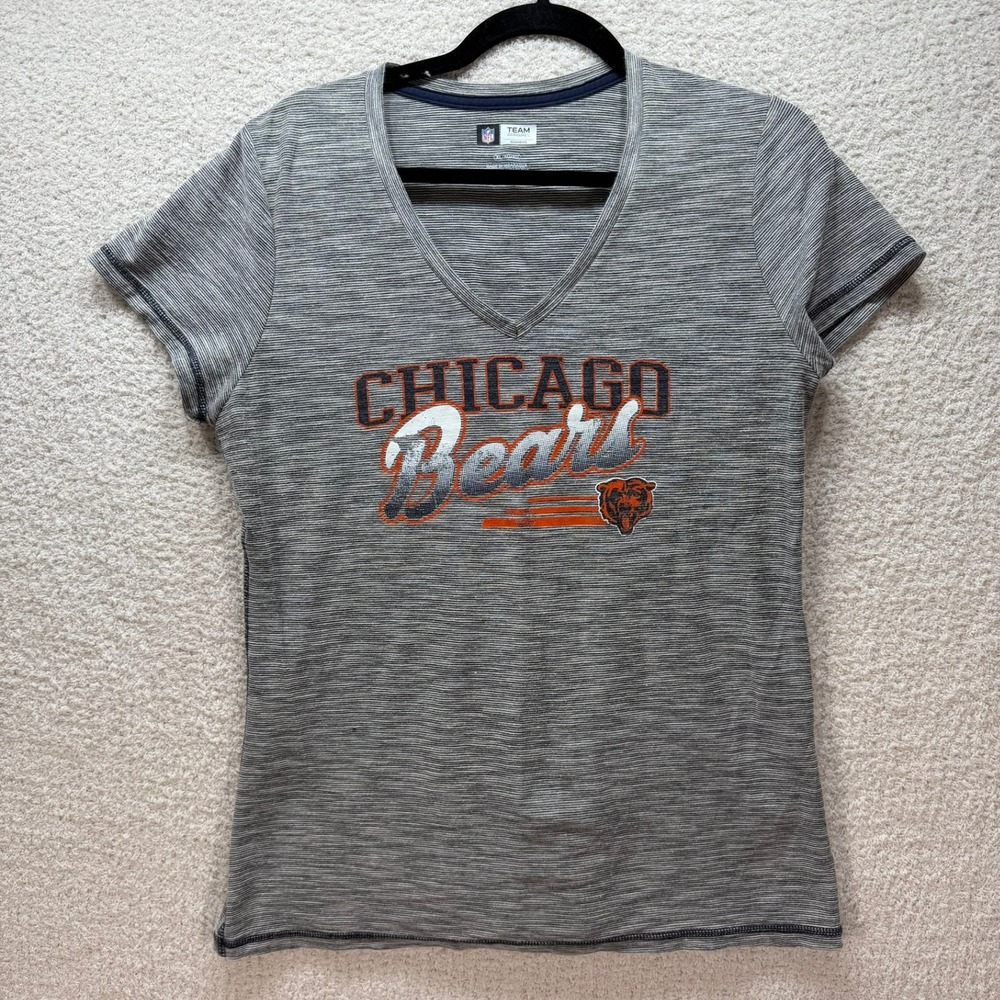 NFL Team Apparel‎ women's Chicago Bears V-Neck T-Shirt Gray Striped Size XL
